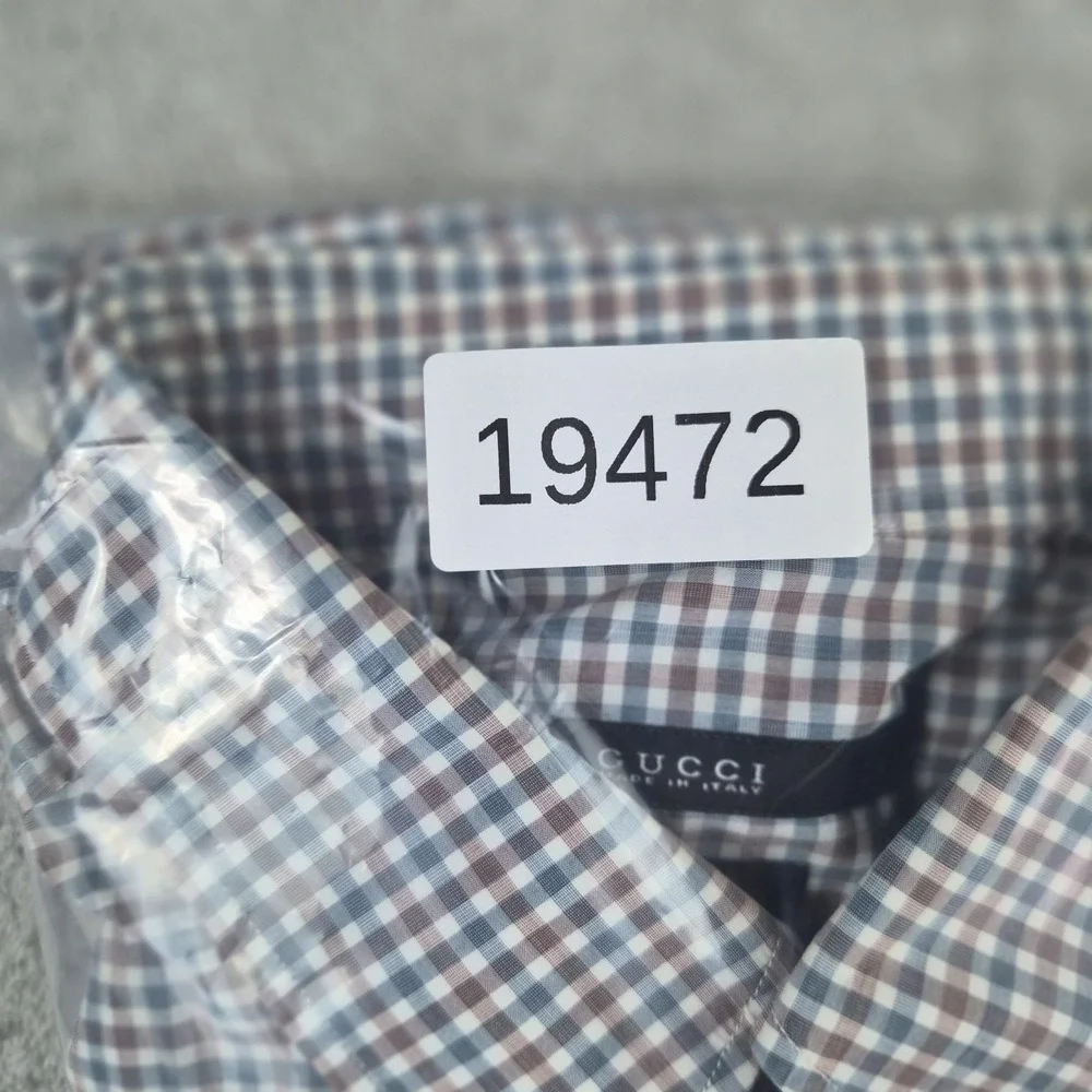 Gucci Shirt Men 39 15.5 White Blue Check Plaid Slim Fit Dressy Cotton Made Italy